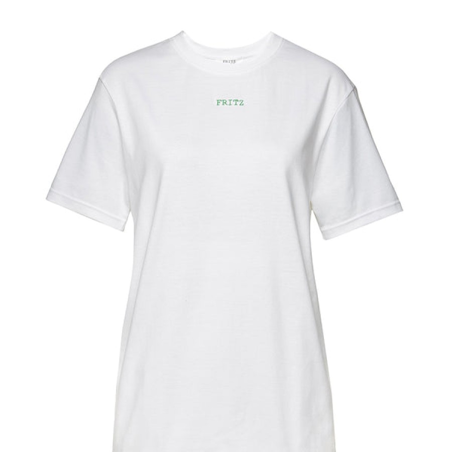 Women FRITZ THE LABEL Tops & Shirts | White Unisex Organic Cotton T-Shirt With Fritz Stitching In Green