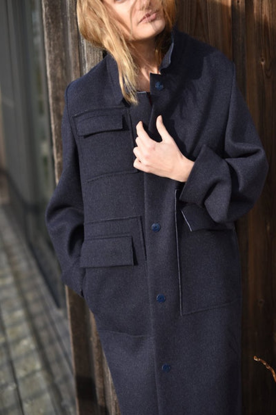 Women CRUBA Coats & Jackets | Straight Merino Wool Coat In Midnight Blue