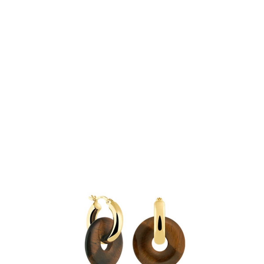 Women LLR Studios Jewelery | 18K Gold Plated Creoles With Tiger Eye Gemstones