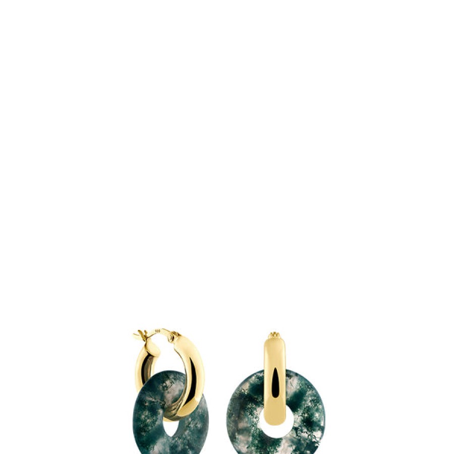 Women LLR Studios Jewelery | 18K Gold Plated Creoles With Medium Moss Agate