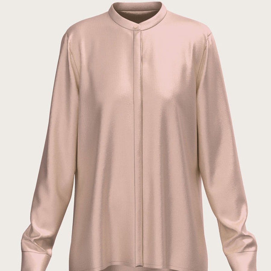 Women La Bande Berlin Tops & Shirts | Satin Silk Blouse With Stand Up Collar In Blush