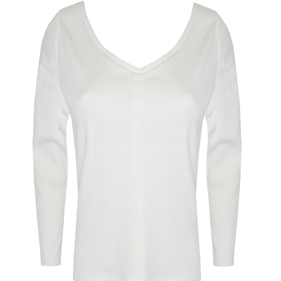 Women HELLO'BEN Tops & Shirts | Organic Cotton Ribbed V-Neck Top In Off-White 01/6