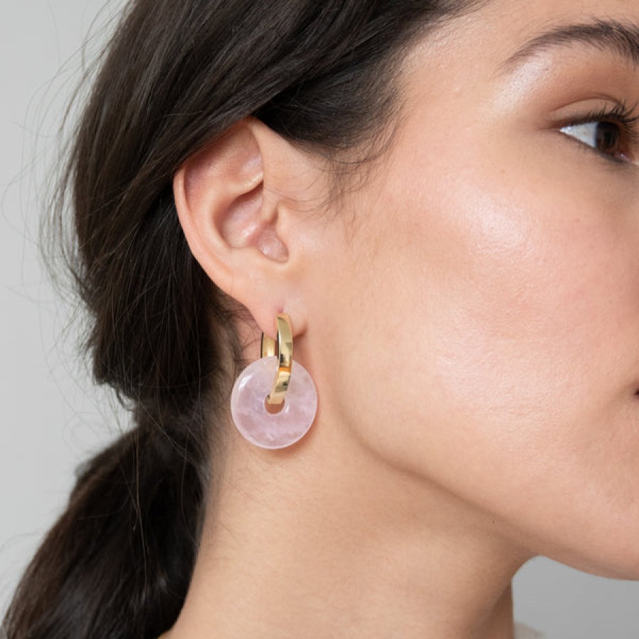 Women LLR Studios Jewelery | 18K Gold Plated Creoles With Big Rose Quartzes