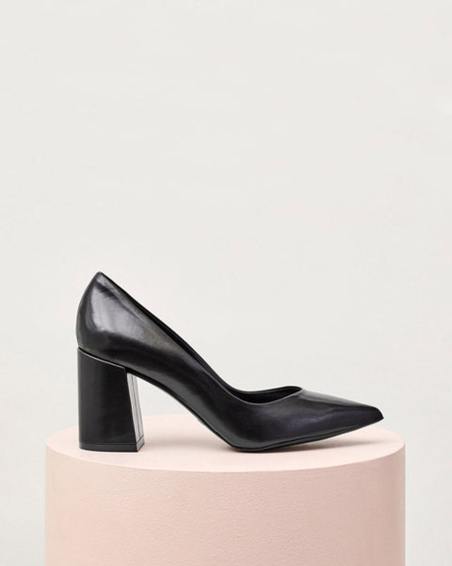 Women ESSEN Shoes | Black Leather Pumps With Block Heel