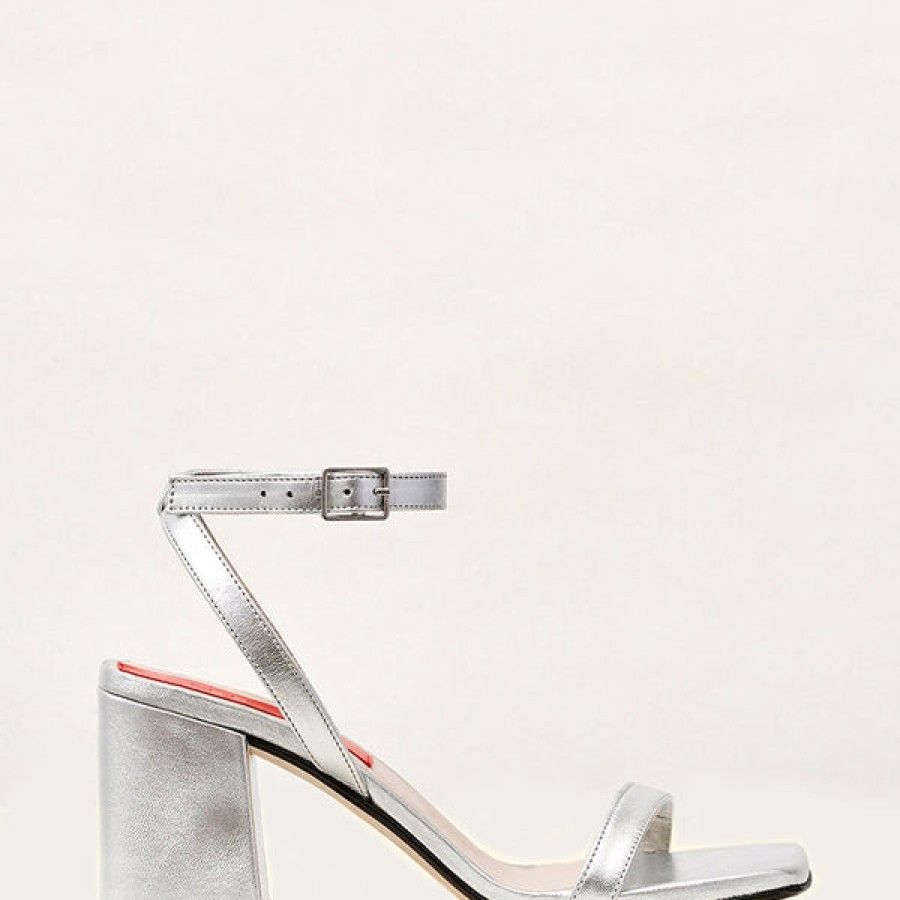 Women ESSEN Shoes | Silver Metallic Leather Sandals With Block Heel