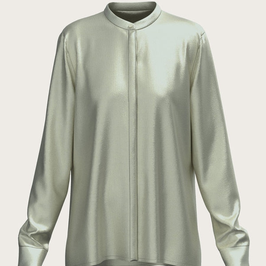 Women La Bande Berlin Tops & Shirts | Satin Silk Blouse With Stand Up Collar In Mint