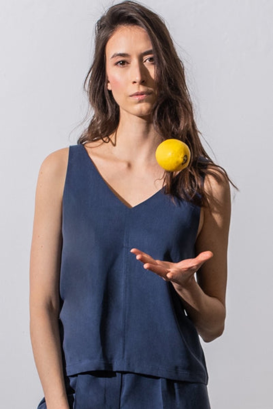 Women HELLO'BEN Tops & Shirts | Ribbed V-Neck Top In Navy Blue