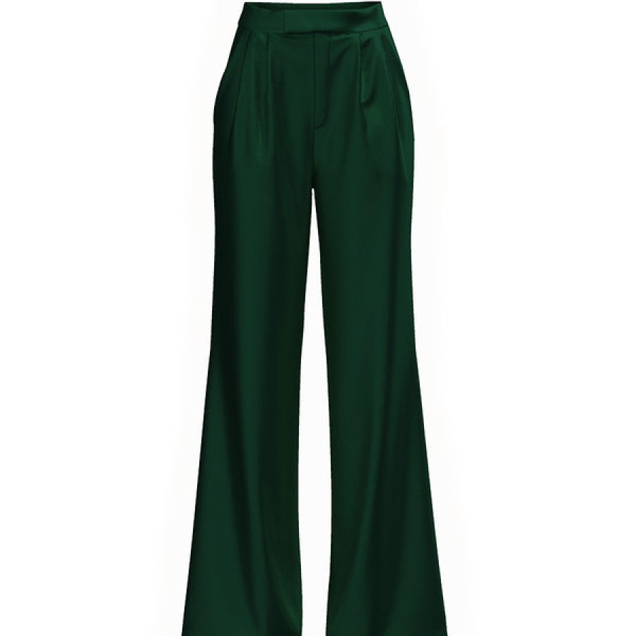 Women La Bande Berlin Jeans & Trousers | Flared Satin Silk Trouser In Dark Green