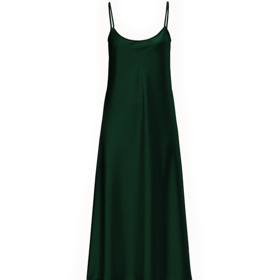 Women La Bande Berlin Dresses | Satin Silk Slip Dress In Dark Green