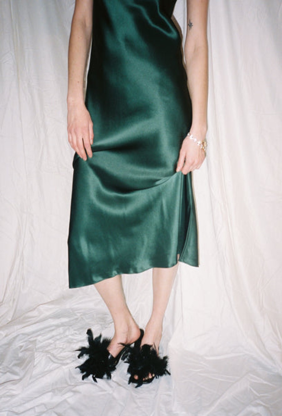 Women La Bande Berlin Dresses | Satin Silk Slip Dress In Dark Green