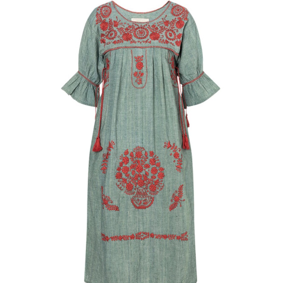 Women Santa Lupita Dresses | Embroidered Cotton Dress In Green/Coral