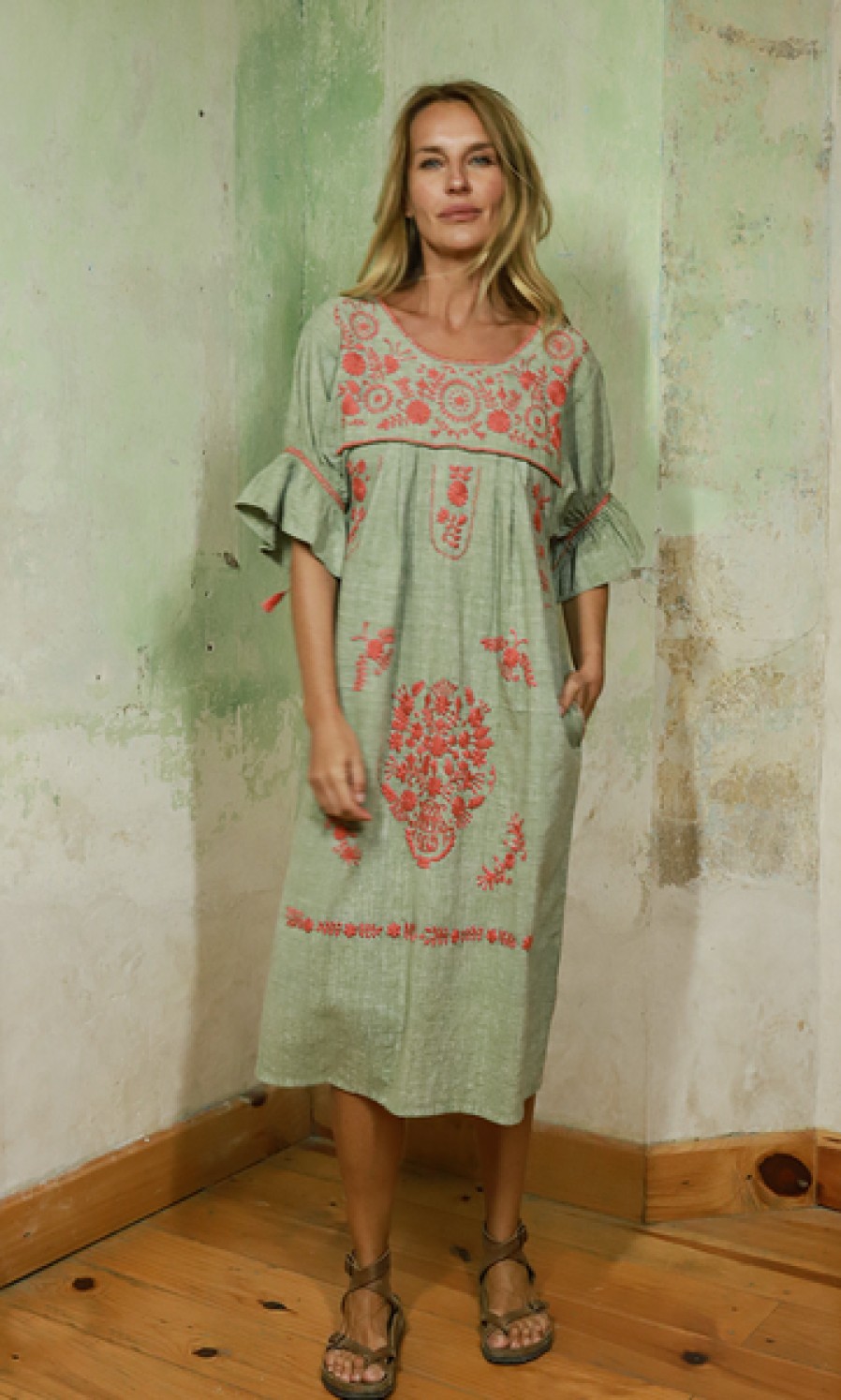 Women Santa Lupita Dresses | Embroidered Cotton Dress In Green/Coral