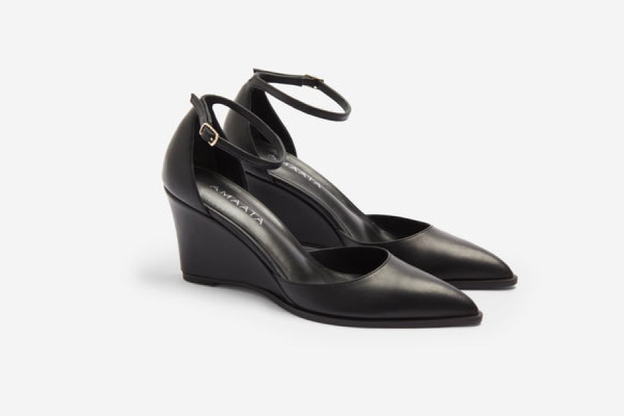 Women AMAATA Shoes | Black Leather Wedge Pumps