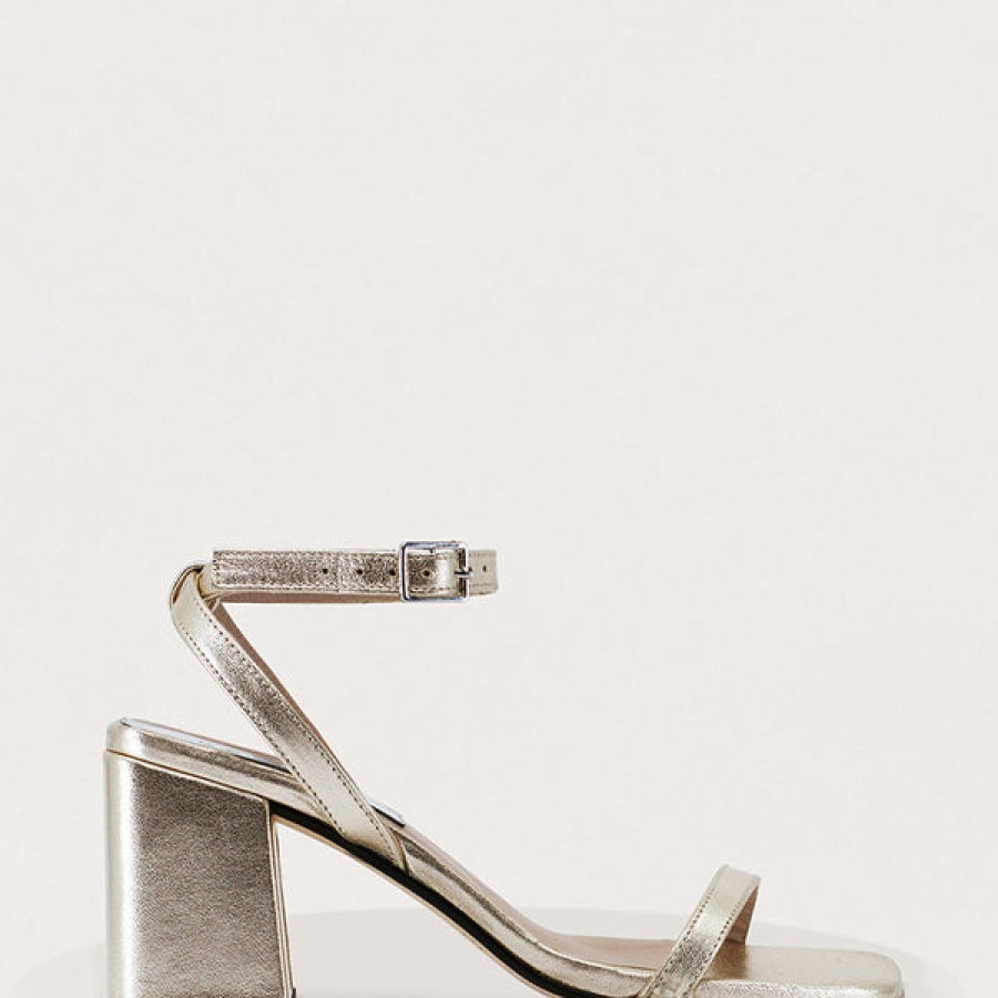 Women ESSEN Shoes | Gold Metallic Leather Sandals With Block Heel