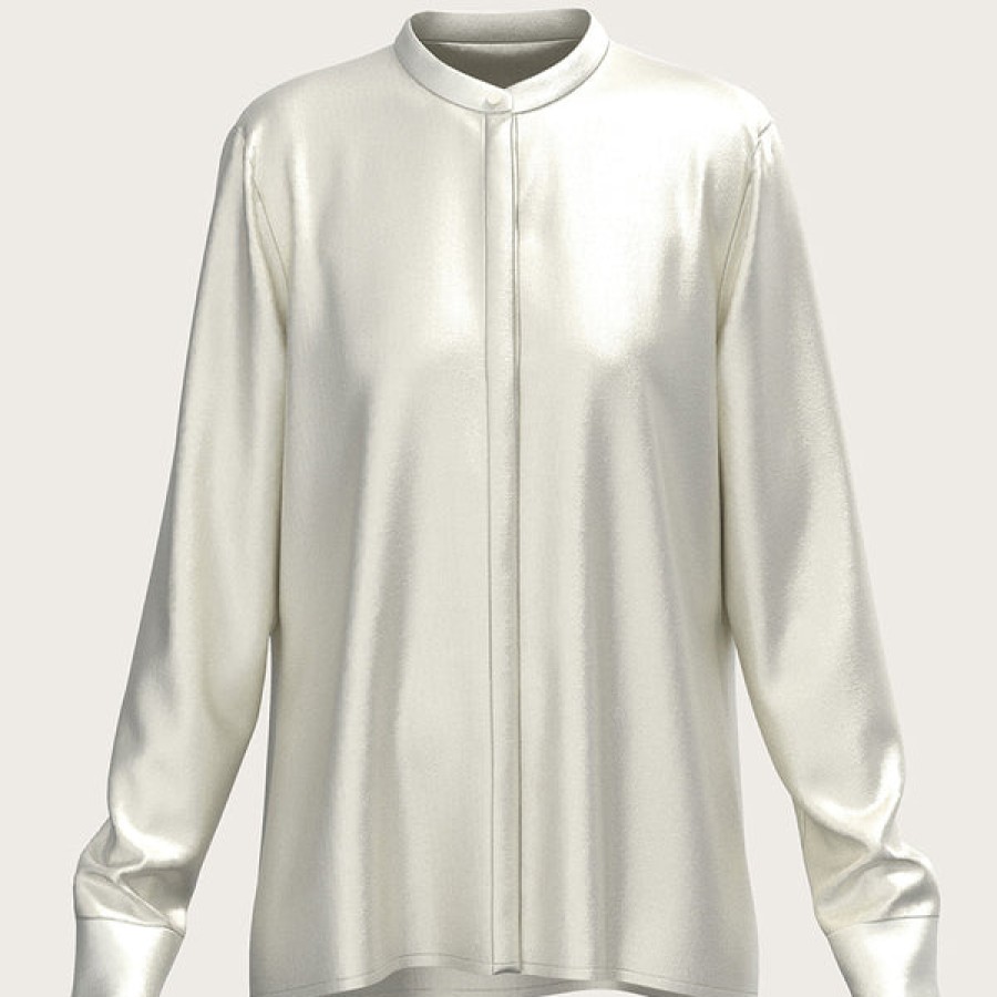 Women La Bande Berlin Tops & Shirts | Satin Silk Blouse With Stand Up Collar In White