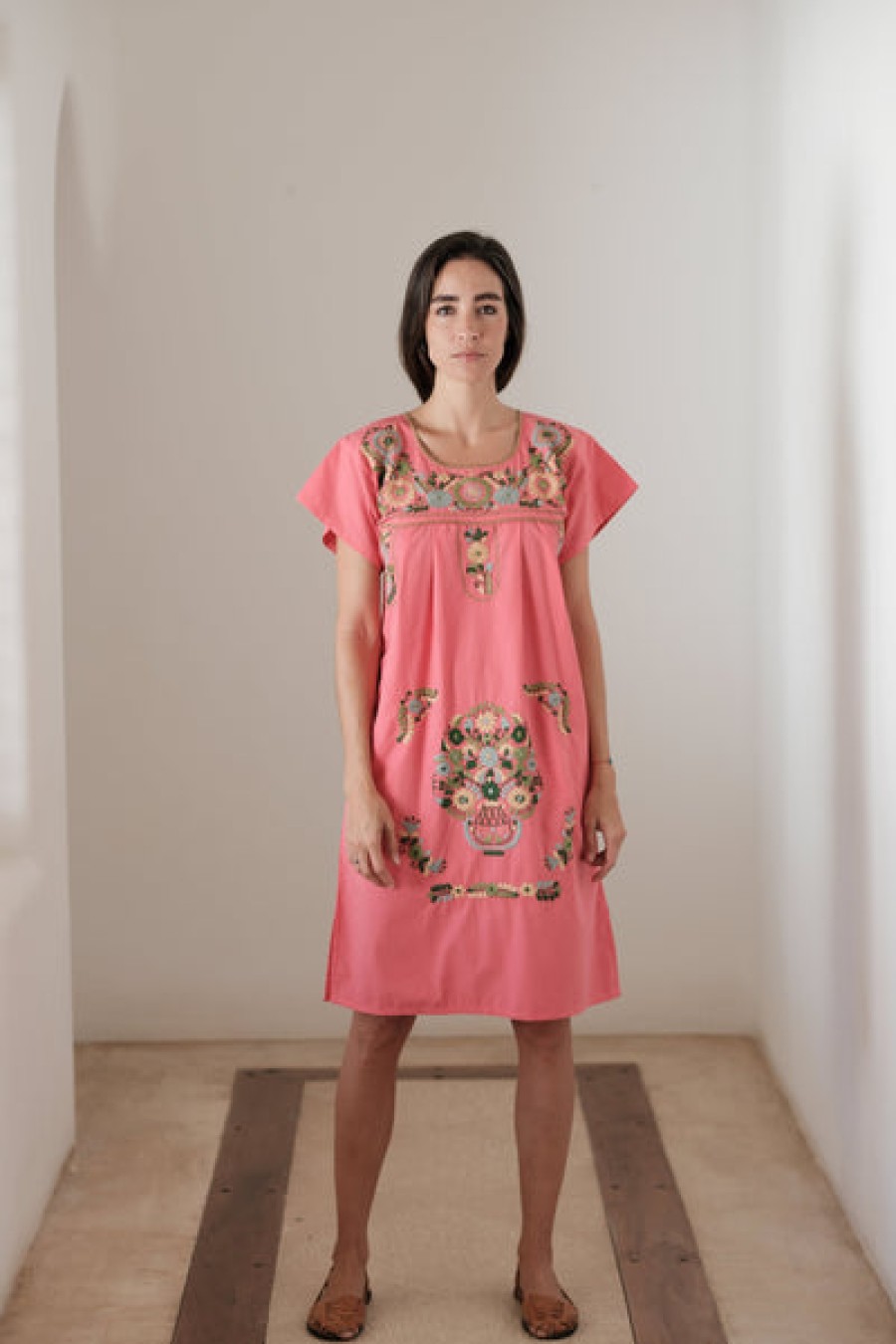 Women Santa Lupita Dresses | Embroidered Cotton Dress In Coral