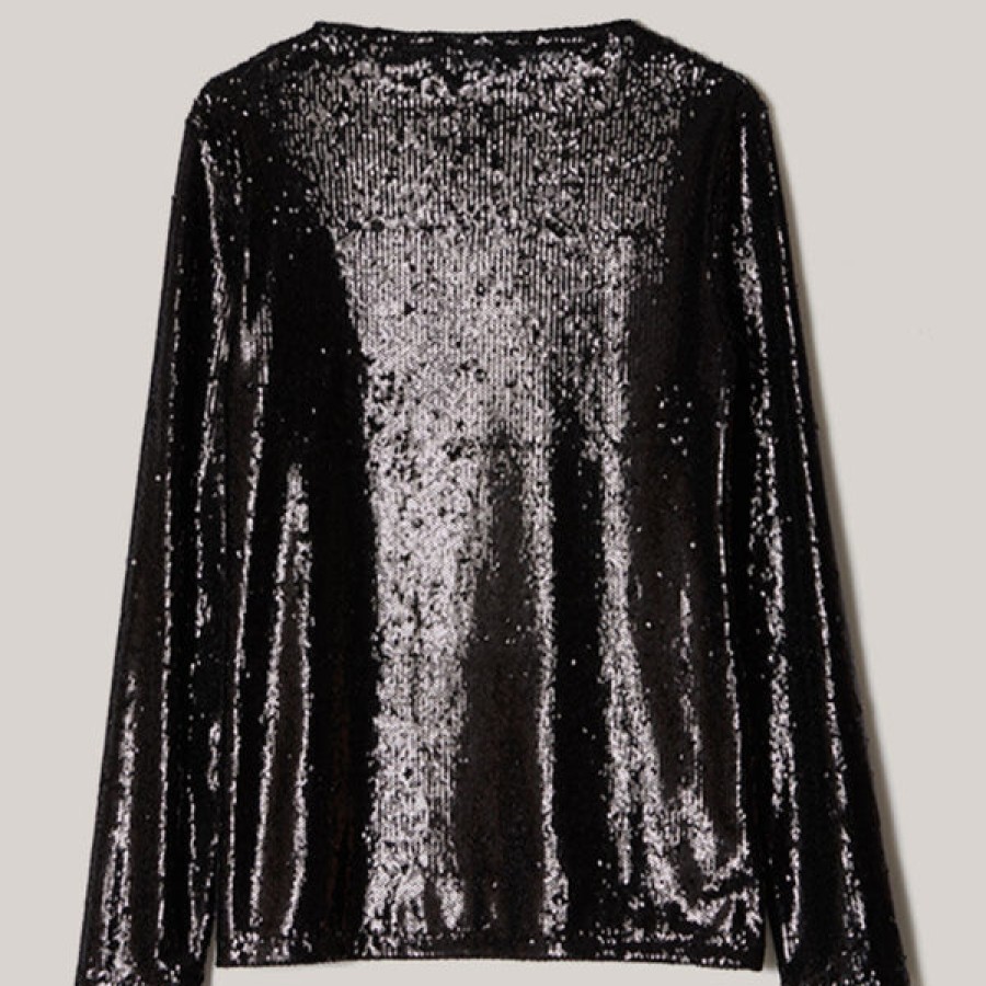 Women MALAIKARAISS Tops & Shirts | Black Sequin Longsleeve Shirt