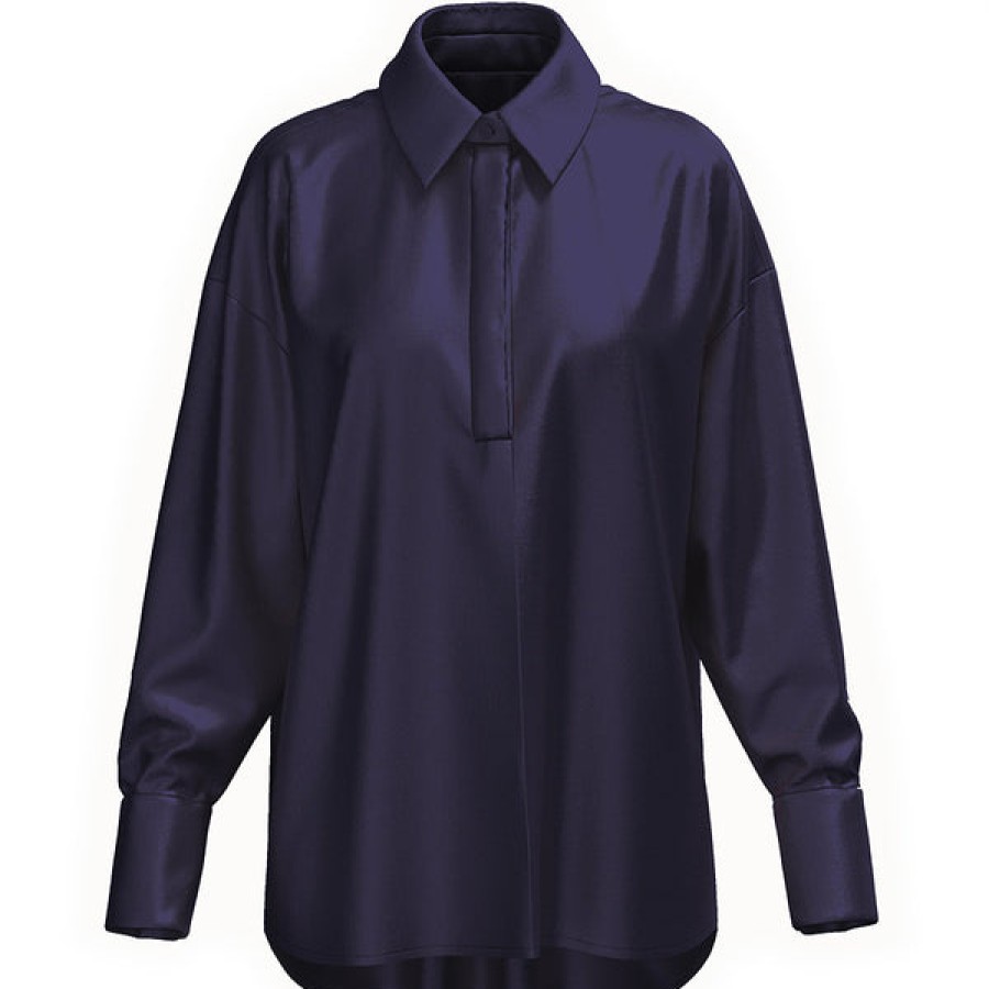 Women La Bande Berlin Tops & Shirts | Oversized Satin Silk Shirt In Midnight Blue