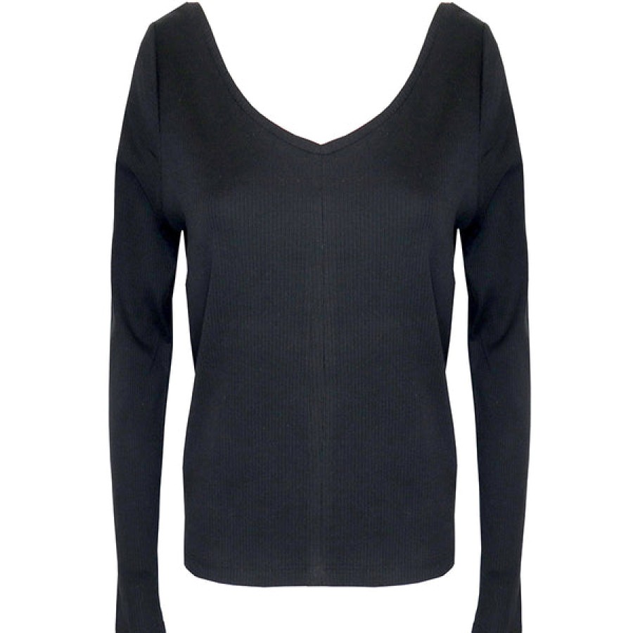 Women HELLO'BEN Tops & Shirts | Organic Cotton Ribbed V-Neck Top In Black 01/6