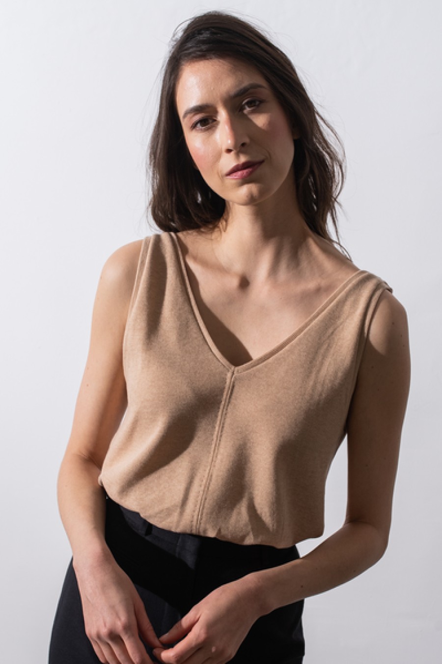 Women HELLO'BEN Tops & Shirts | Waffle V-Neck Top In Beige