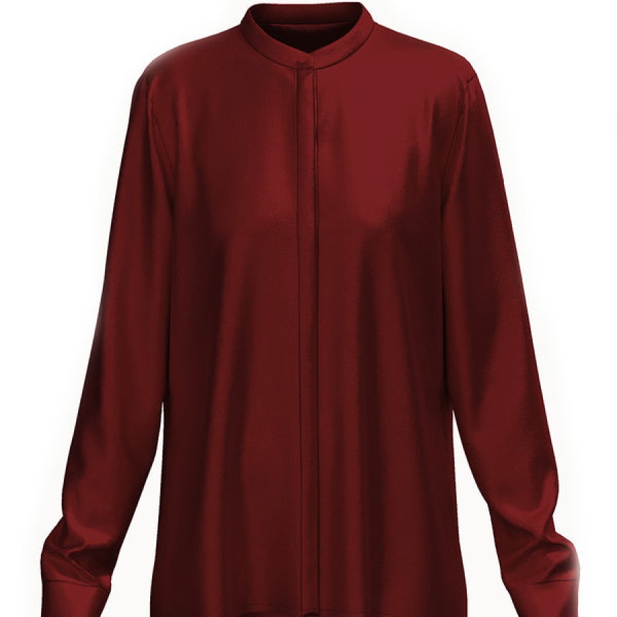 Women La Bande Berlin Tops & Shirts | Satin Silk Blouse In Bordeaux With Stand Up Collar