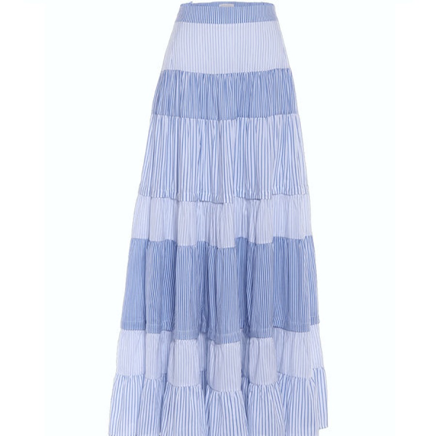 Women Helene Galwas Skirts | Blue White Striped Silk Mix Maxi Skirt