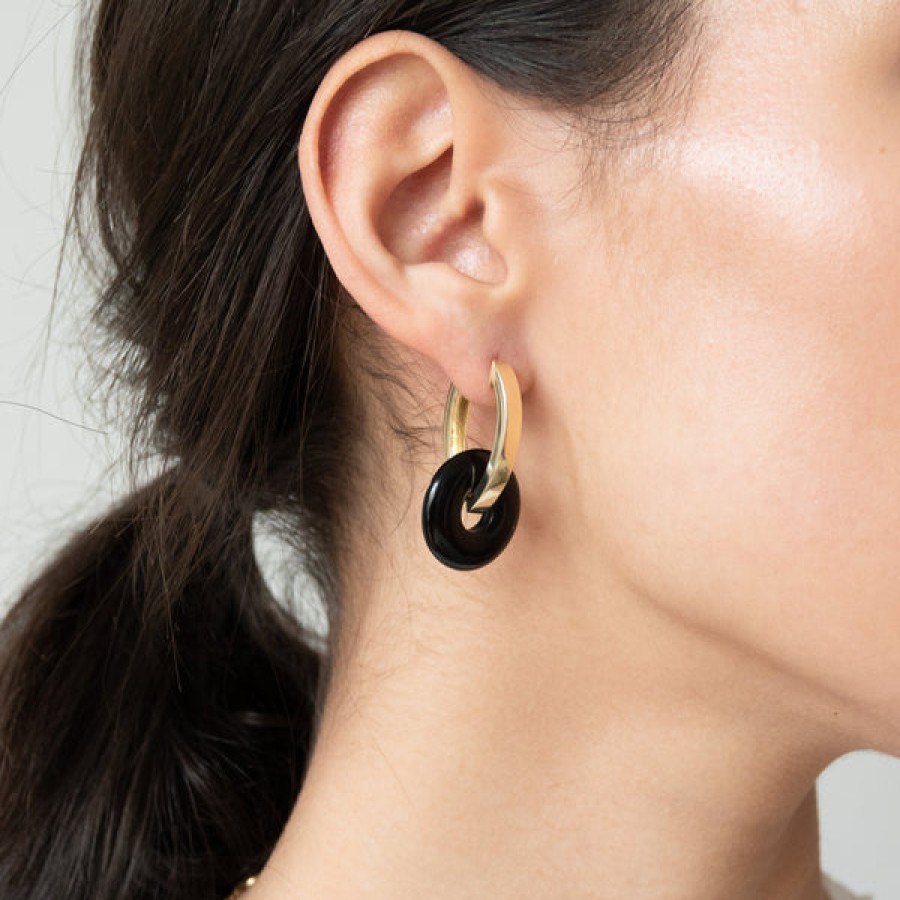 Women LLR Studios Jewelery | 18K Gold Plated Creoles With Onyx Gemstones