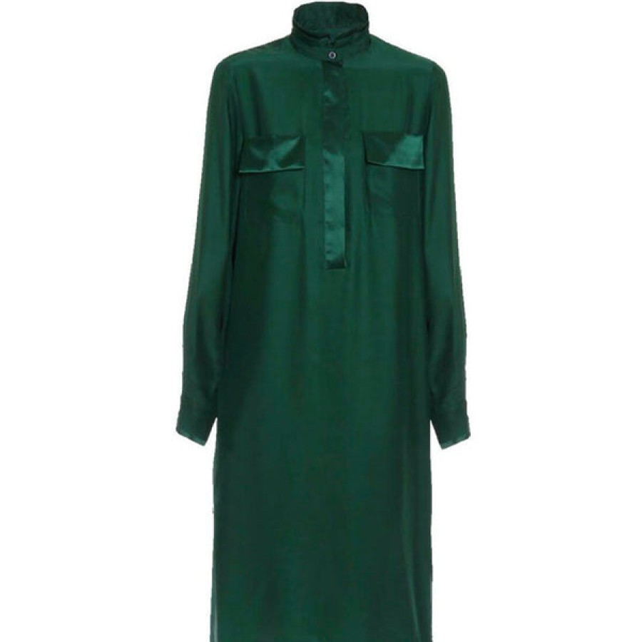 Women Helene Galwas Dresses | Green Silk Midi Shirt Dress