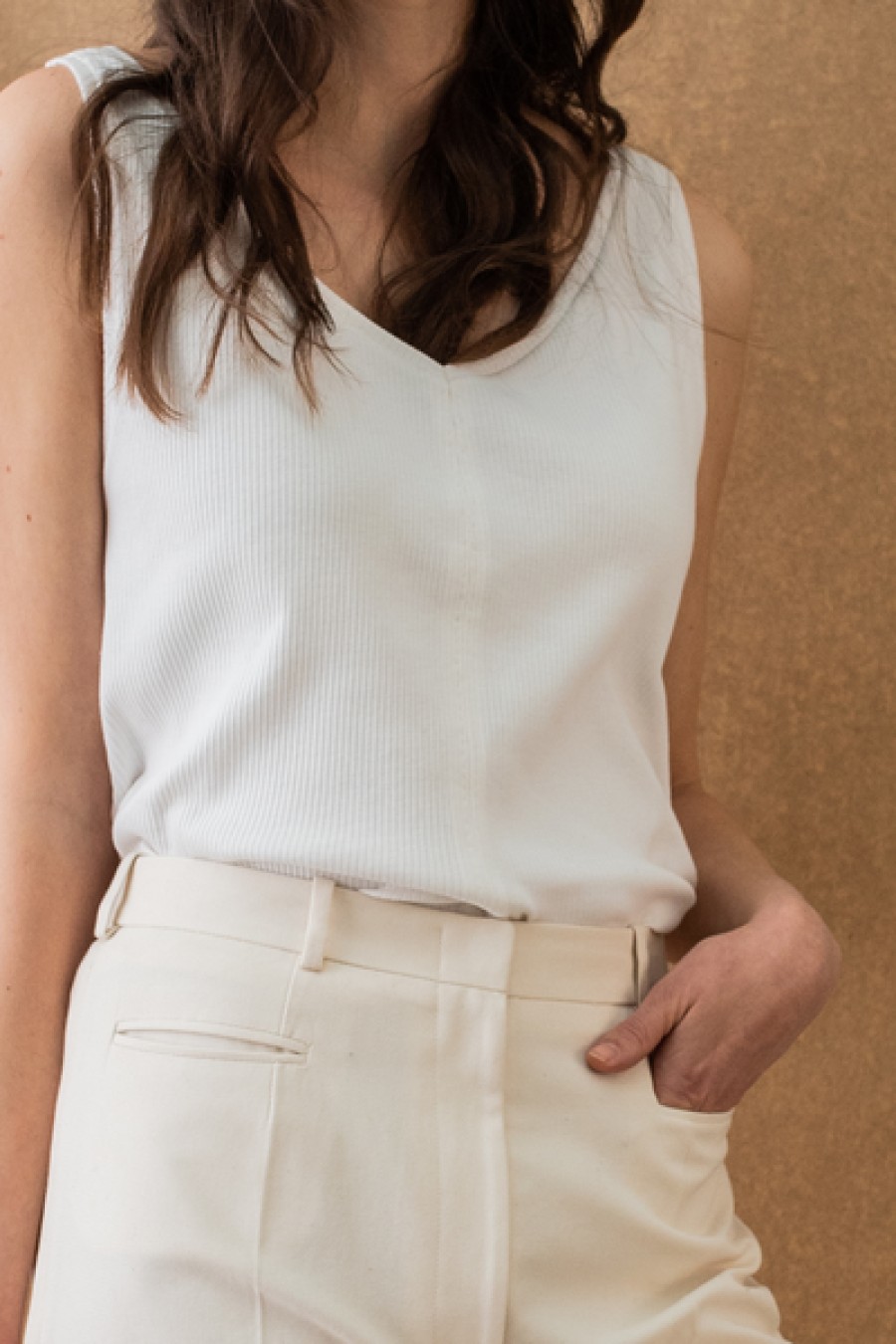 Women HELLO'BEN Tops & Shirts | Ribbed V-Neck Top In Off-White