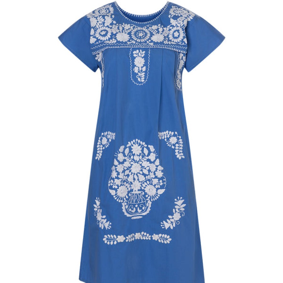 Women Santa Lupita Dresses | Embroidered Cotton Dress In Blue